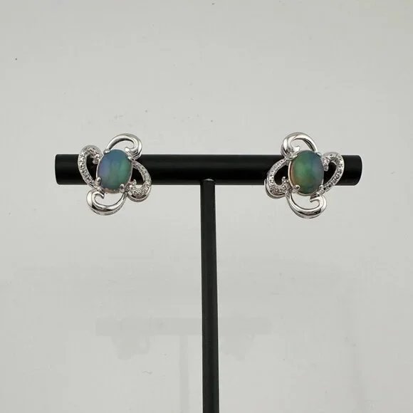 Mesmerizing Natural Cabochon Black Opal Earrings Diamond Accent Sterling Silver
